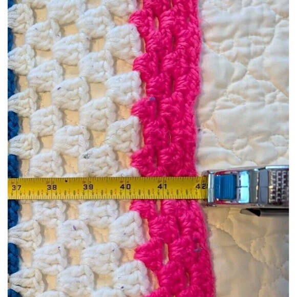 Hand Crocheted Baby Afghan Crib Blanket Pastel Handmade Pink Blue Squared - Picture 4 of 5